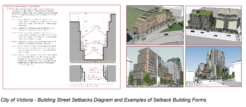 City of Victoria street setback diagram: a cross-section of permitted building massing beside four renderings of buildings stepping back above their street-level podiums.