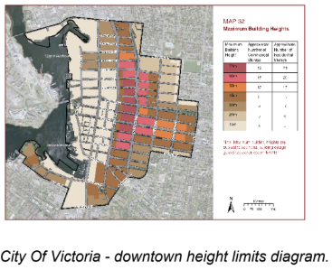 City of Victoria Map 32, maximum building heights downtown, colour-coded by permitted height with a table of storey and metre limits.