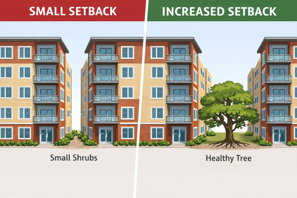 A two-panel comparison. Under the heading small setback, four-storey apartment buildings sit close to the street with only low shrubs at their base. Under the heading increased setback, the same buildings leave enough ground for a mature tree with a full spreading crown.