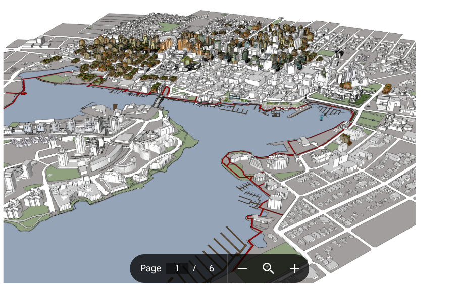 Three-dimensional massing model of downtown Victoria seen from above the harbour, existing buildings in white and proposed development picked out in colour.