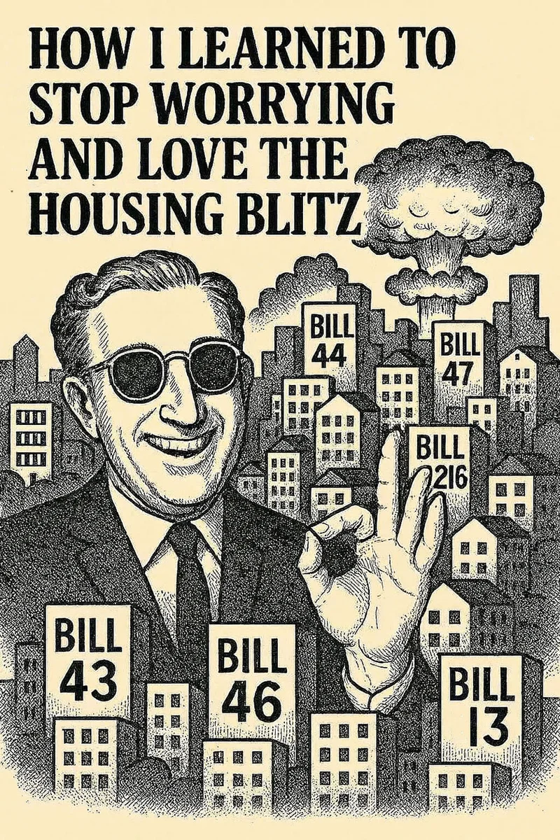 Poster drawn in the style of a 1960s film advertisement, headed “How I Learned to Stop Worrying and Love the Housing Blitz”, showing a smiling man in dark glasses among apartment blocks labelled Bill 43, Bill 44, Bill 46, Bill 47, Bill 216 and Bill 13, with a mushroom cloud rising behind them.