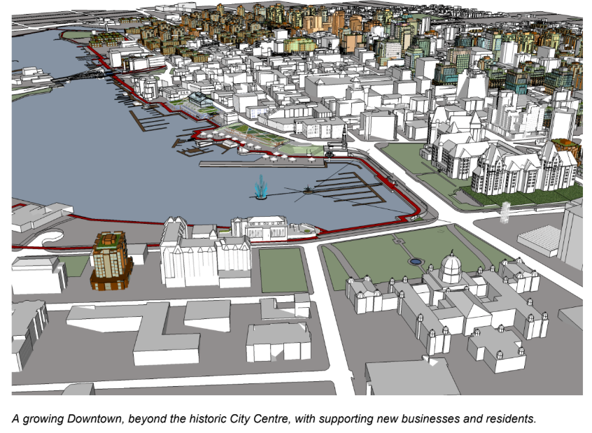 Three-dimensional model of Victoria’s Inner Harbour and downtown, with new development shown spreading beyond the historic city centre.