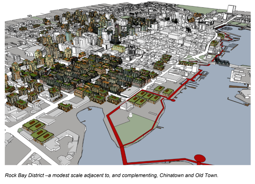 Three-dimensional model of the Rock Bay district showing mid-rise blocks at a modest scale next to Chinatown and Old Town, with the harbour in the foreground.