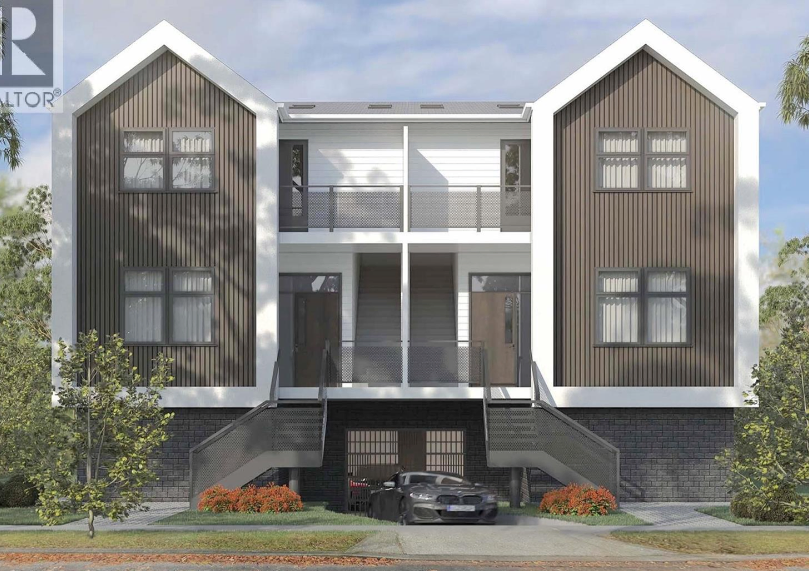 Real estate rendering of a modern four-plex with dark board-and-batten cladding, twin gabled ends, external stairs to two front doors and parking tucked underneath.
