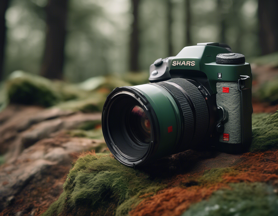 A camera resting on moss and fallen leaves on the floor of a conifer forest.