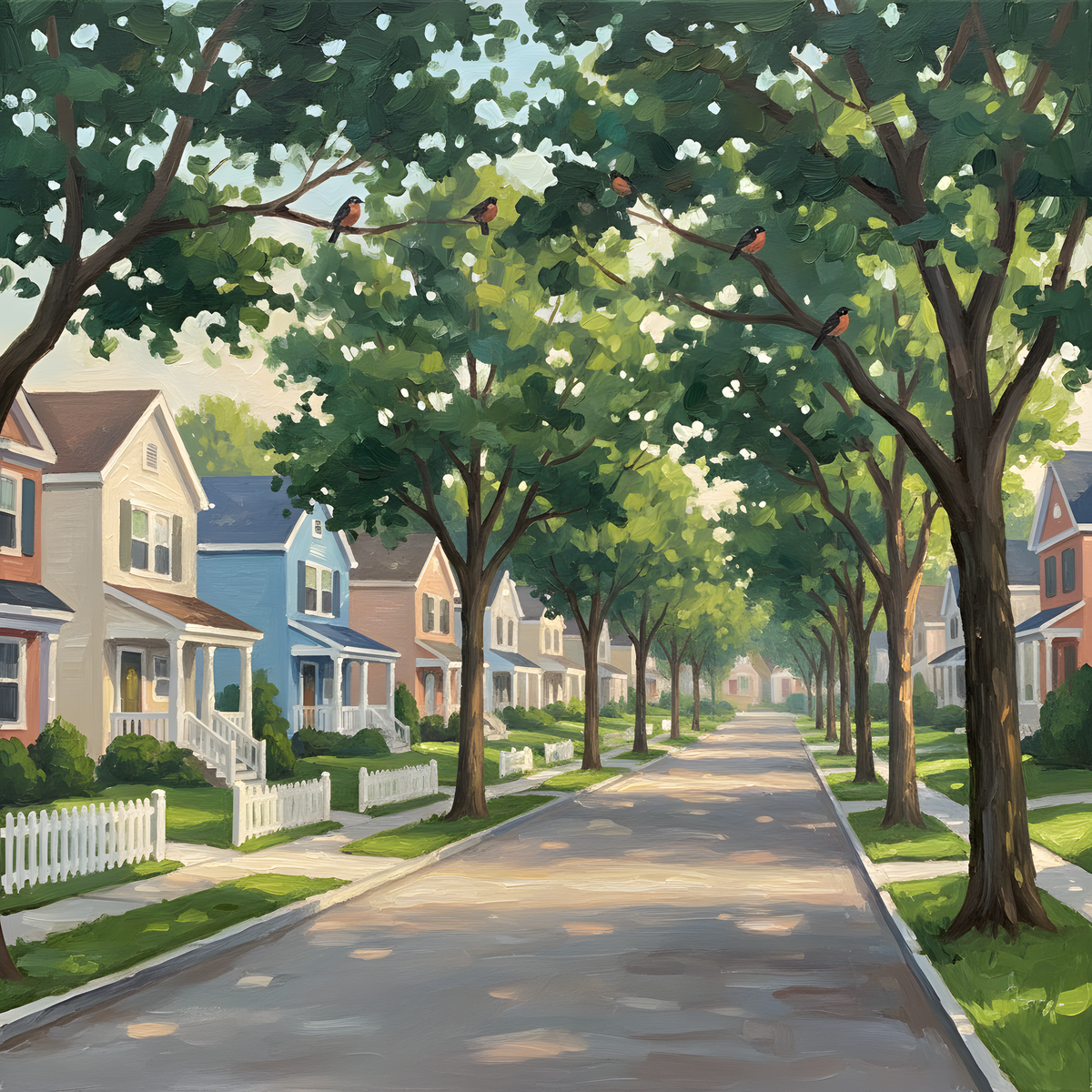 A painted illustration of a quiet residential street under a full canopy of mature trees, with robins perched on the branches above the front gardens.