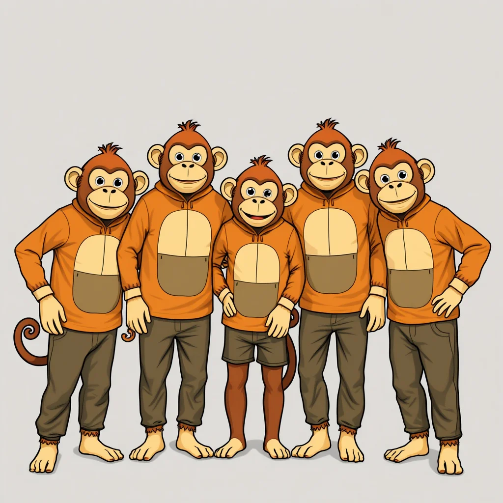 Cartoon of five identical monkeys standing shoulder to shoulder in matching orange hoodies.