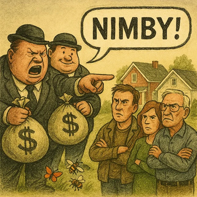 Cartoon of two heavy-set men in bowler hats clutching money bags and shouting “NIMBY!” at three ordinary-looking residents standing with folded arms in front of a house and garden.