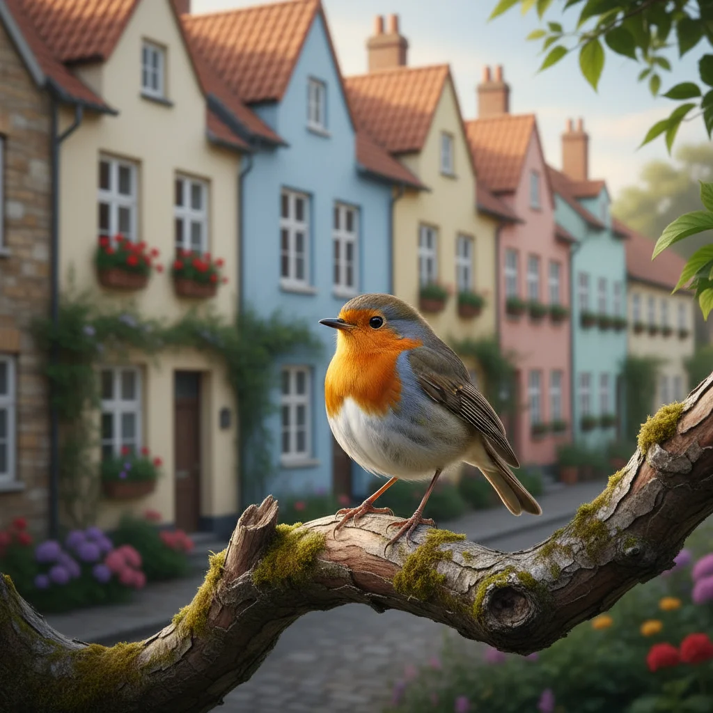 A robin perched on a mossy branch, with a row of pastel-coloured houses and their window boxes softly out of focus behind it.