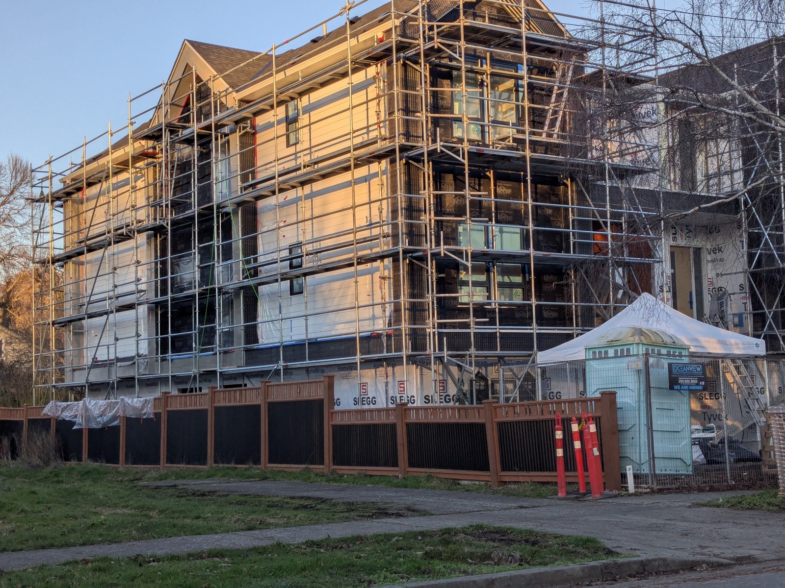 A new three-storey multiplex under construction on Brooke Street in Fairfield, wrapped in scaffolding